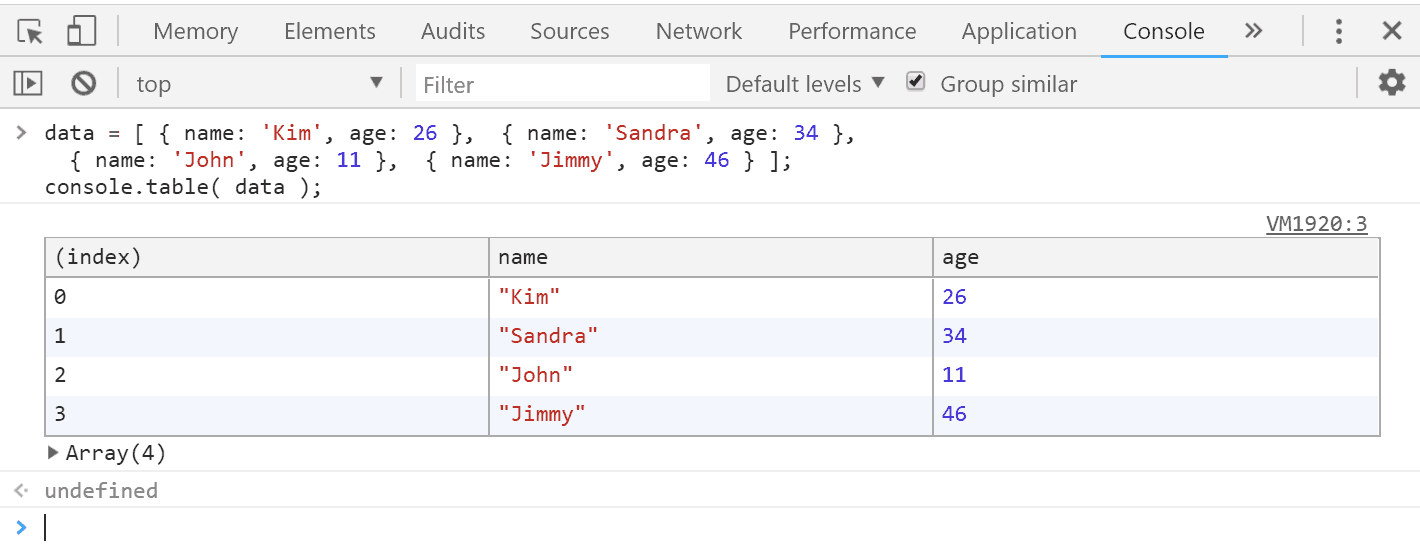 console.table() example
