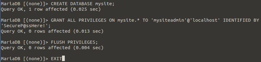 Creating mysite and user database using MariaDB