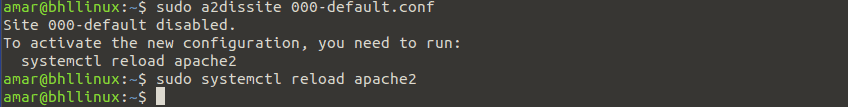 Disabling default virtual host and reloading apache2