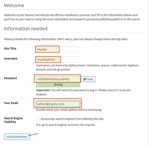 Filling the required WordPress information