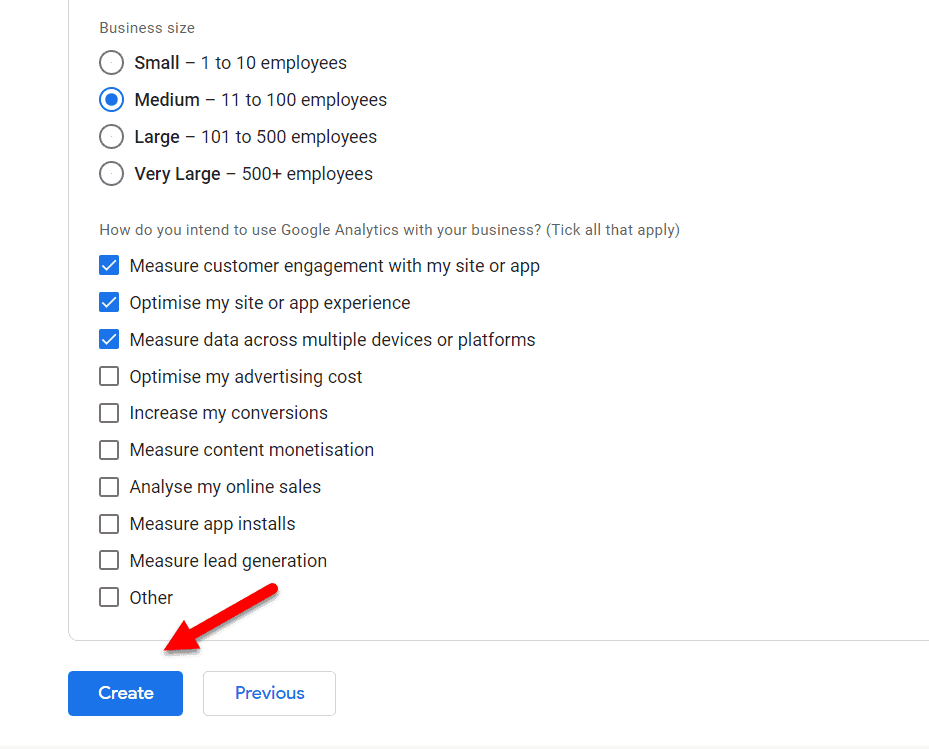 Google Analytics create stream button