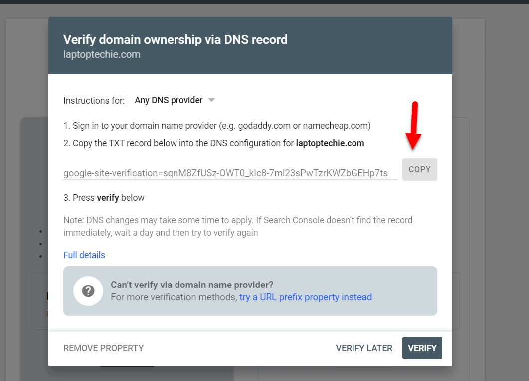 Google Search Console txt record