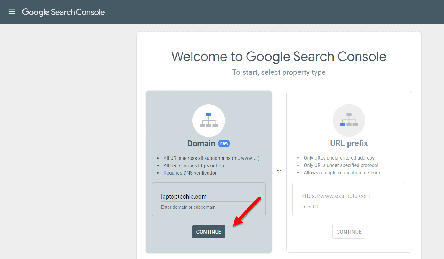 Google Search Console welcome page