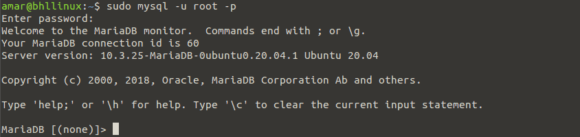 Logging into MariaDB database shell 