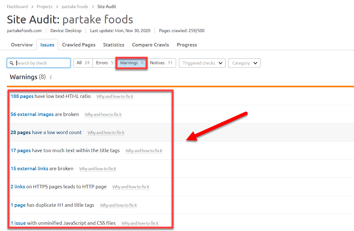 Partake Foods site audit warnings 