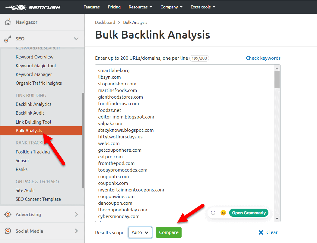 SEMrush bulk backlink analysis