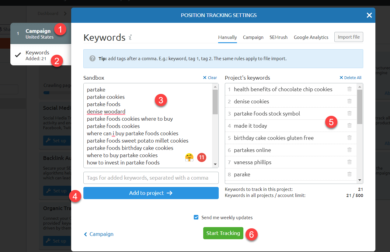 SEMrush position tracking settings