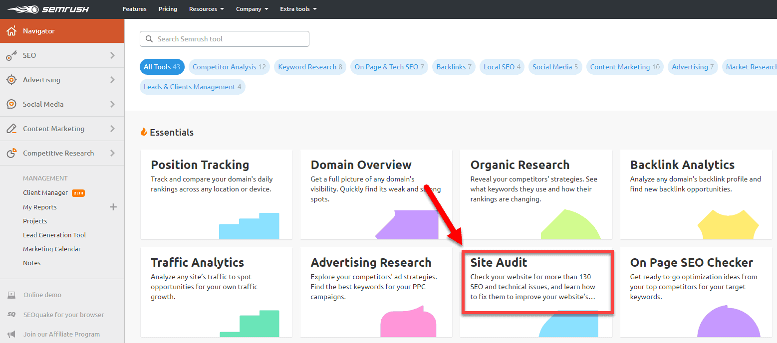 SEMrush site audit option on dashboard