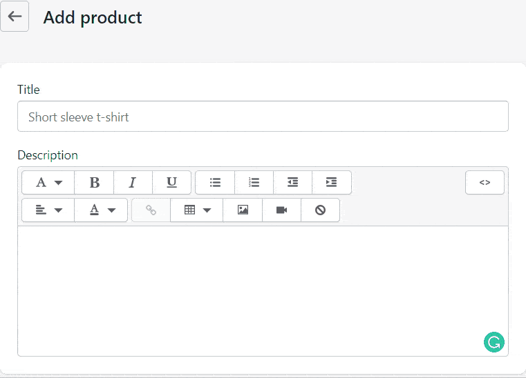 Shopify product and description input fields