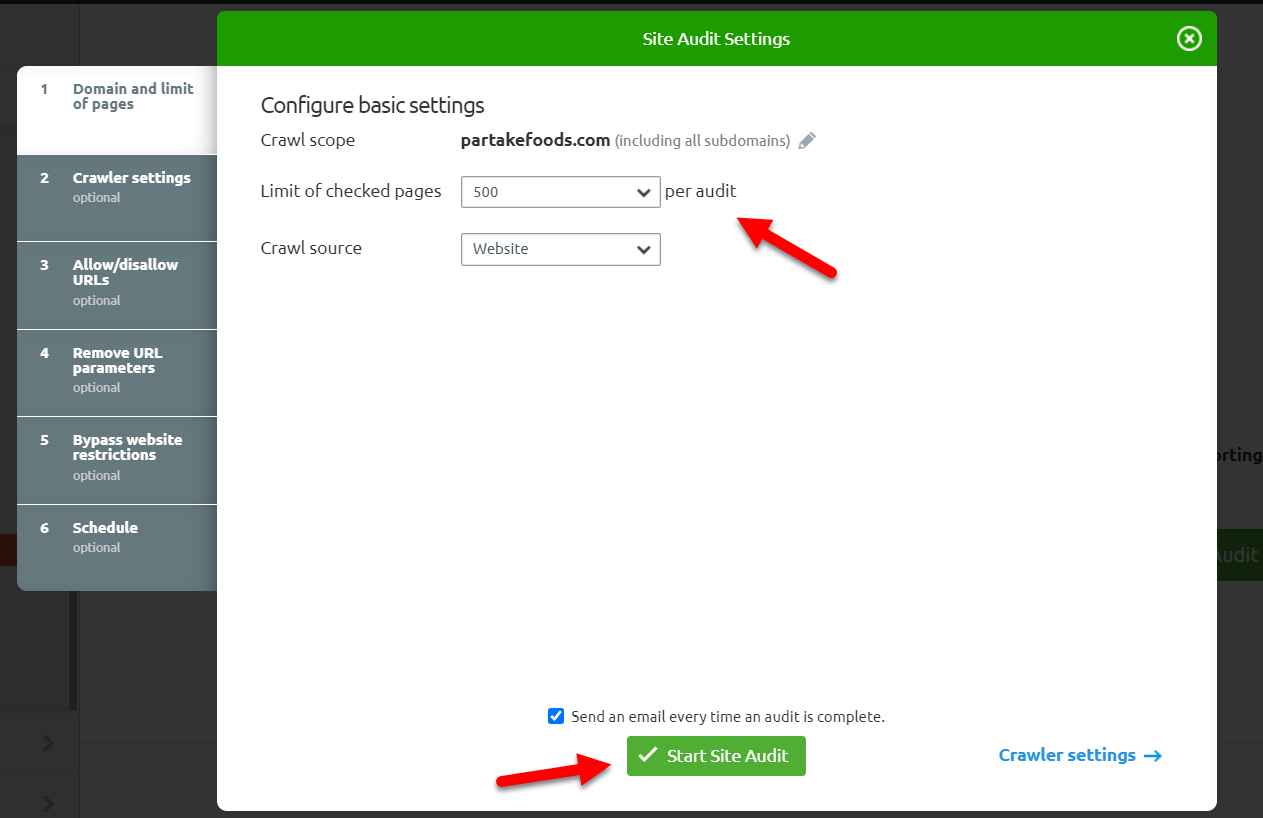 Site audit settings