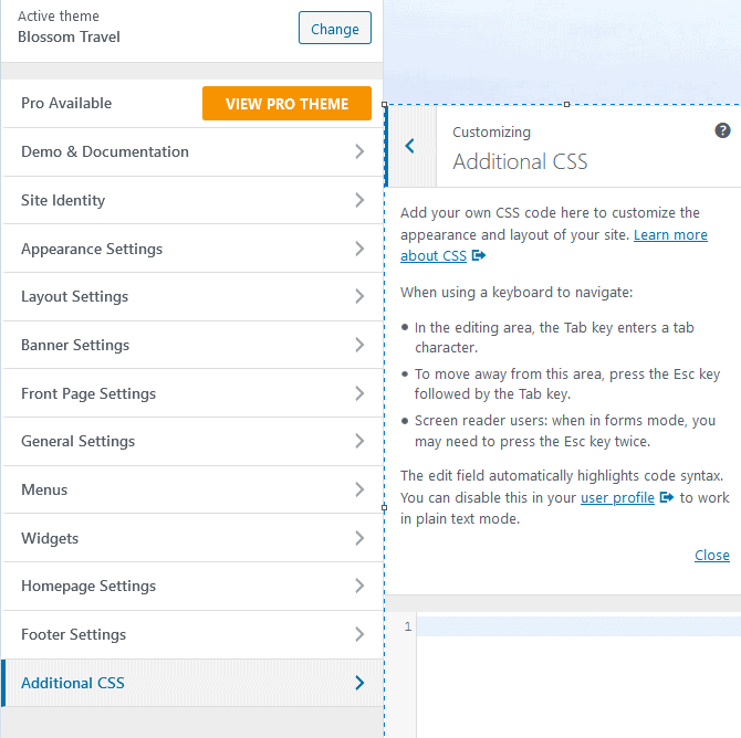 Blossom travel theme additional CSS settings 