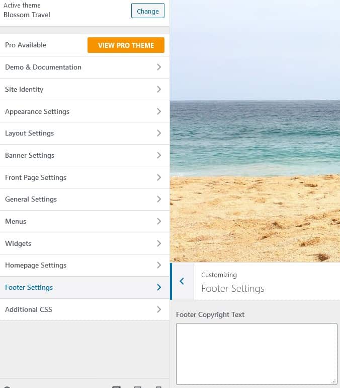 Blossom travel theme footer settings 