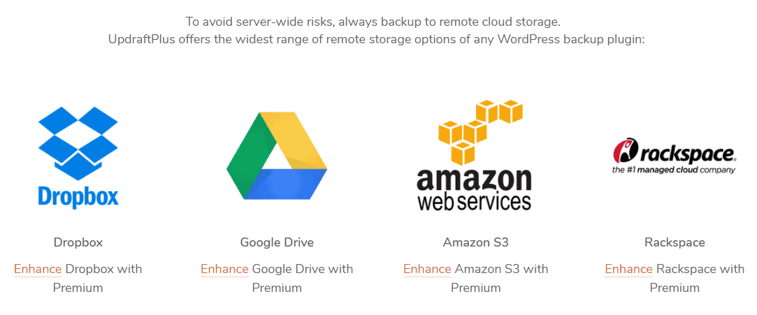 UpdraftPlus storage options