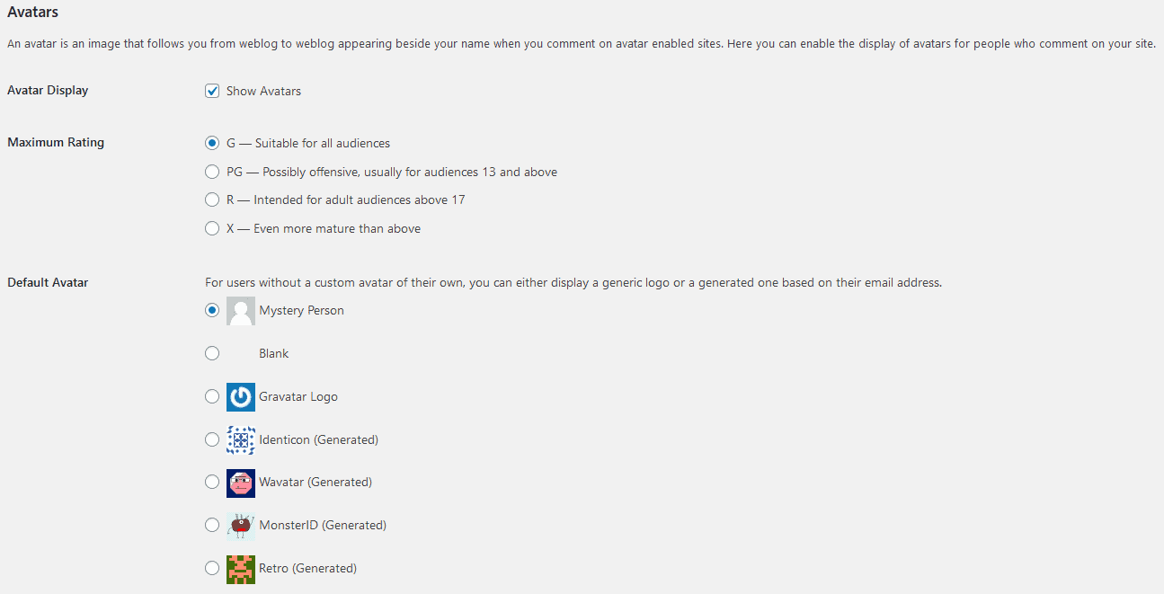 WordPress avatars settings