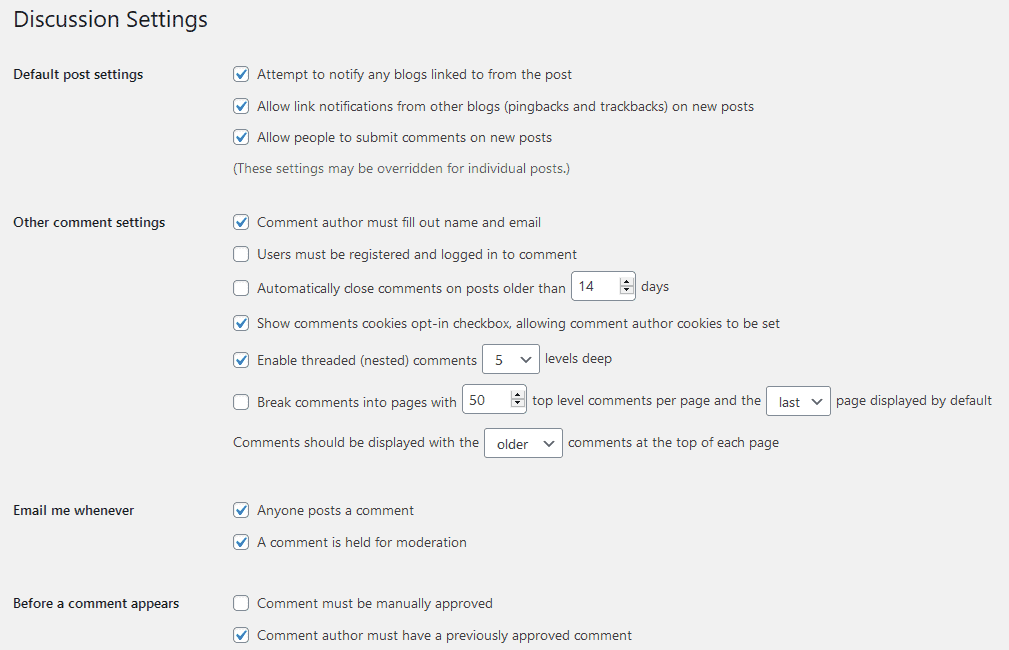 WordPress discussion settings