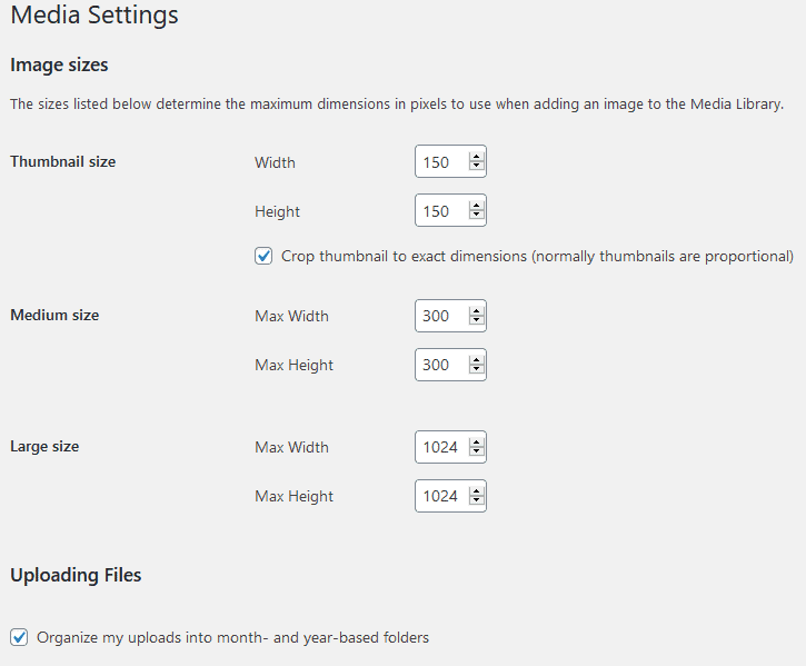 WordPress media settings