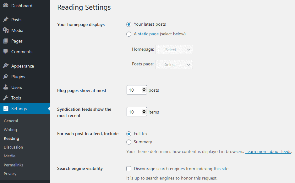 WordPress reading settings