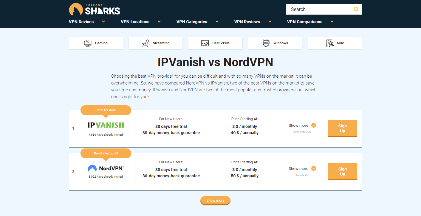 PrivacySharks VPN comparisons