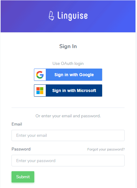 Linguise login page