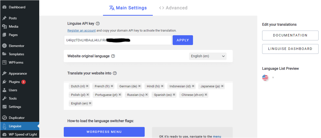 Linguise plugin settings