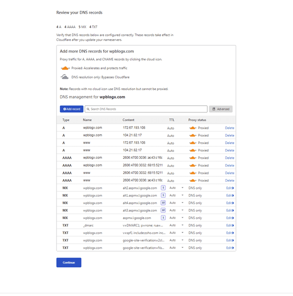 Couldflare DNS records