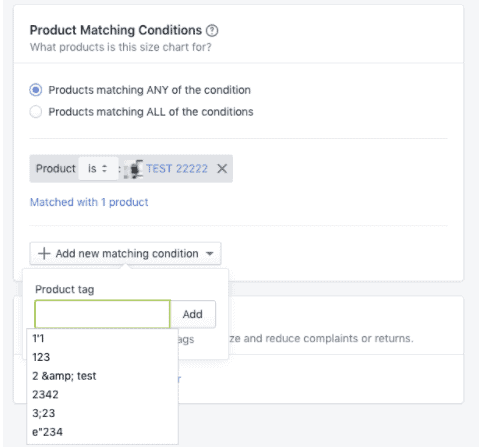 Kiwi Sizing product matching conditions 