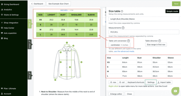 Kiwi Sizing size table