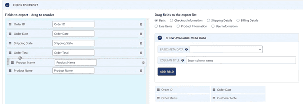 WooCommerce Order Export Pro fields to export