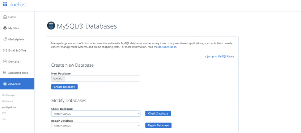 Bluehost option MySQL Databases