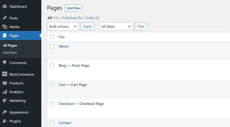 WordPress dashboard pages