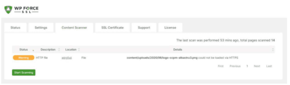 Content scanner option of WP Force SSL