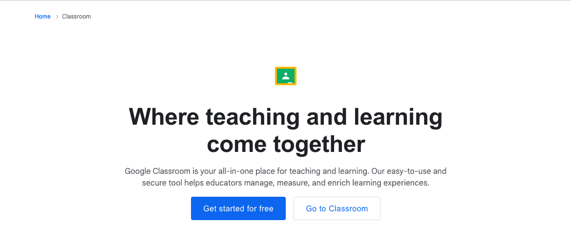 Google Classroom landing page