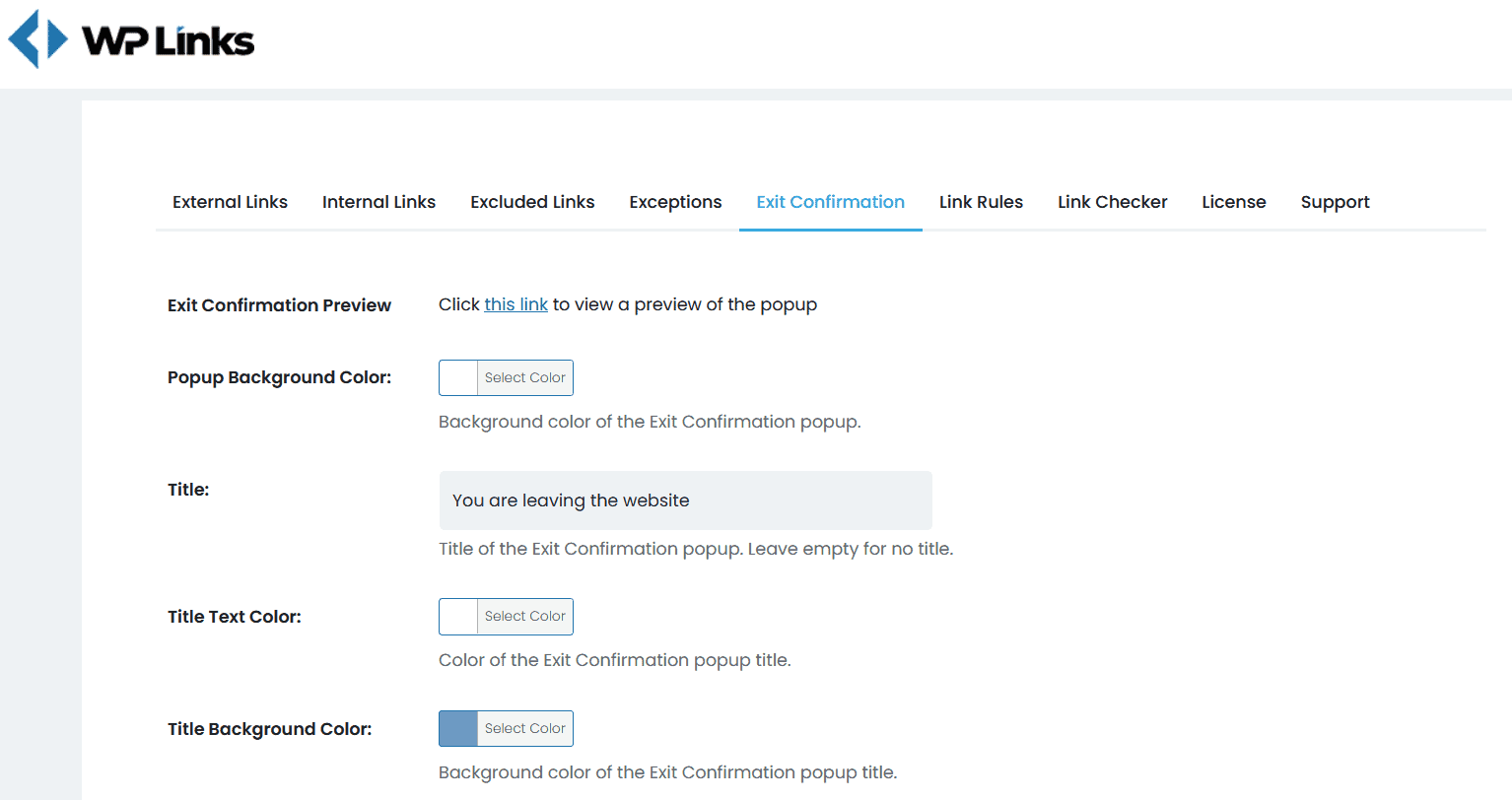 WP Links Exit Confirmation